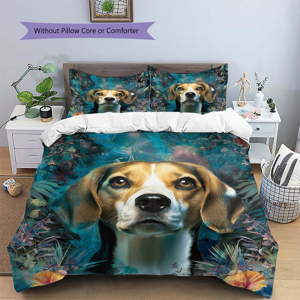 Beagle and Leaves Pattern Bedding Home Decoration Birthday Gift (1 * duvet cover + 2 * pillowcase, without core)