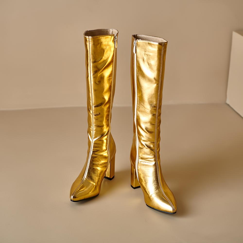 Золотые серебряные женские сапоги до колена на высоком каблуке, маленькие большие размеры 32 46