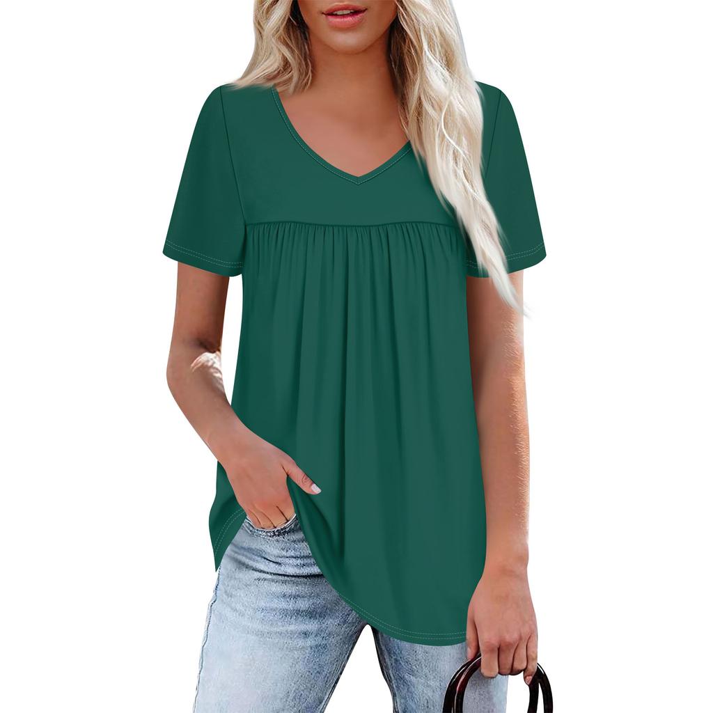 Women's Casual V-Neck Short Sleeve Chest Ruffle Solid Color Top