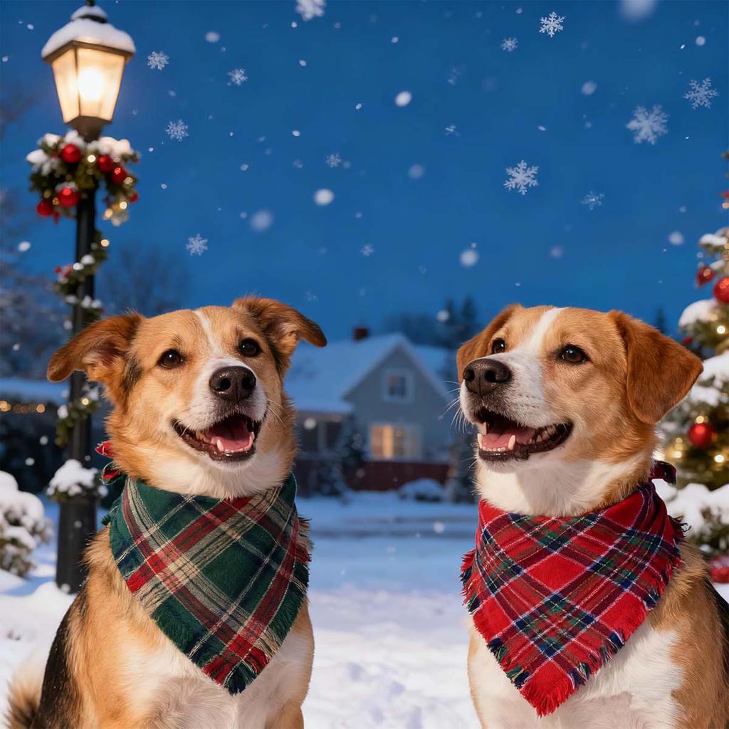 Tanpopo Christmas Dog Bandanas Red Green Plaid Scarf with Tassels Edges Reversible Triangle Bibs Accessories for Boys Girls Pets