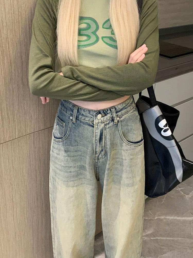 Y2K Vintage Streetwear Denim Trousers Woman Korean Fashion High Waist Straight Jeans Female Spring Elegant 2000s Casual Baggy Pants