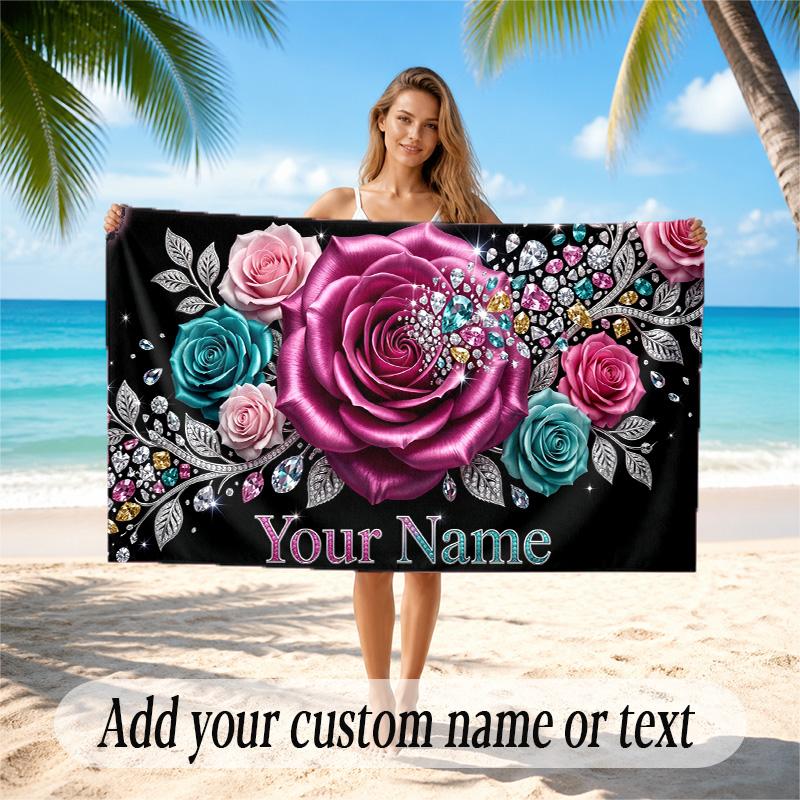 Floral Garden Theme Quick Dry Beach Towel Custom Name Text Print Large Sand Resistant Towel Beach Vacation