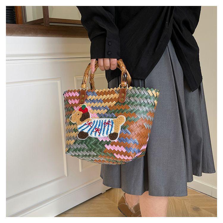 Плетеная сумка-тоут для щенка таксы с бамбуковой ручкой, винтажная пляжная сумка