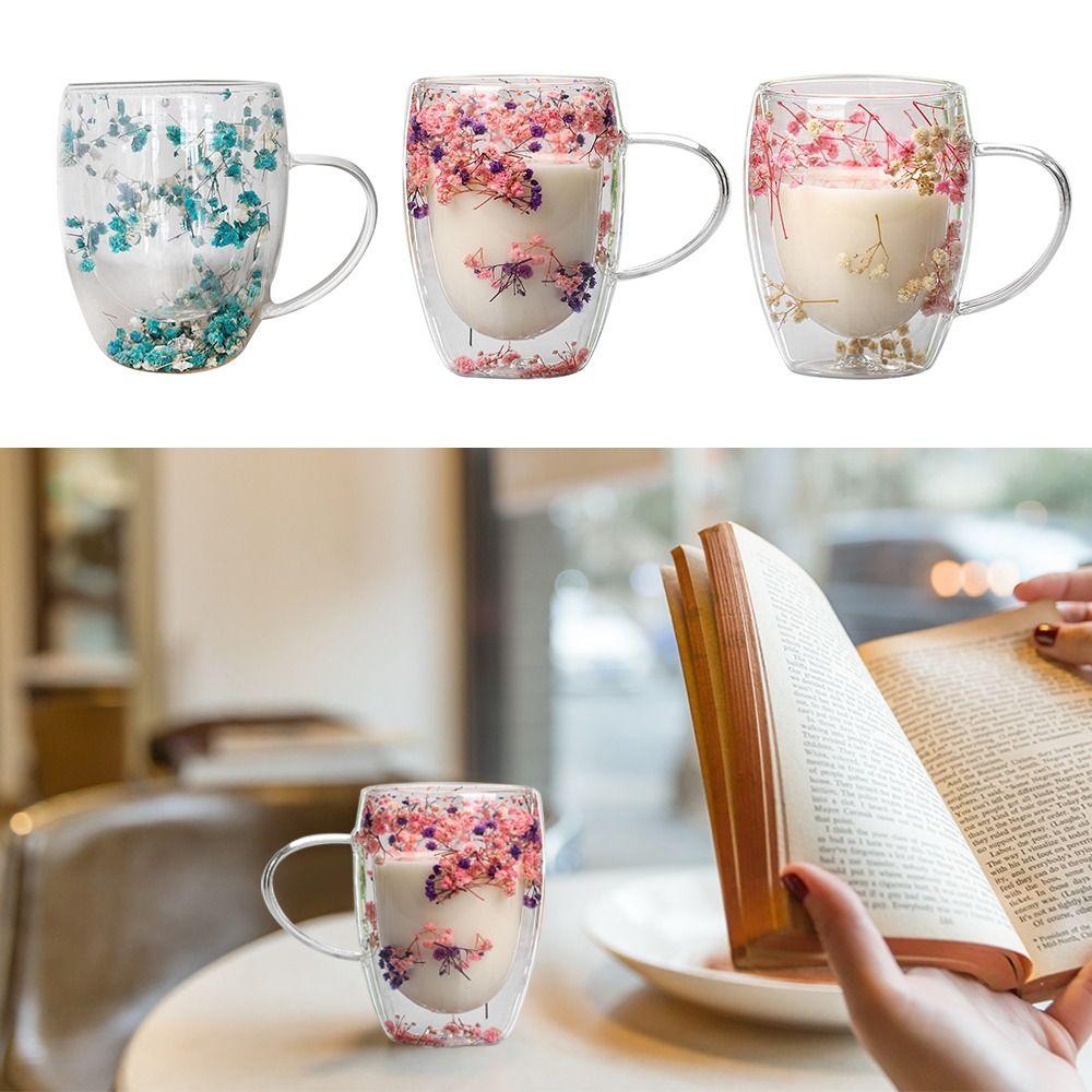 Heat Resistant Dried Flowers Glass Mugs 350ml Flower Cup Simple Coffee Mug  Home&Office