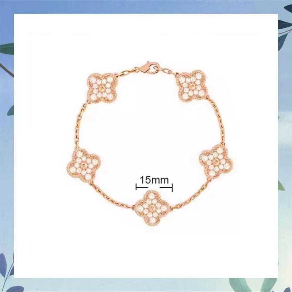 Браслет с четырехлистным клевером и пятью цветами, женский, 18k, с цветком удачи, с белым перламутром