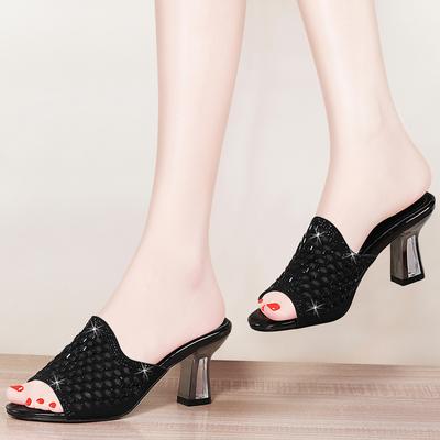 Летние женские тапочки с открытым носком на толстом каблуке, шлепанцы, женские туфли на высоком каблуке, женские пляжные туфли со стразами uki