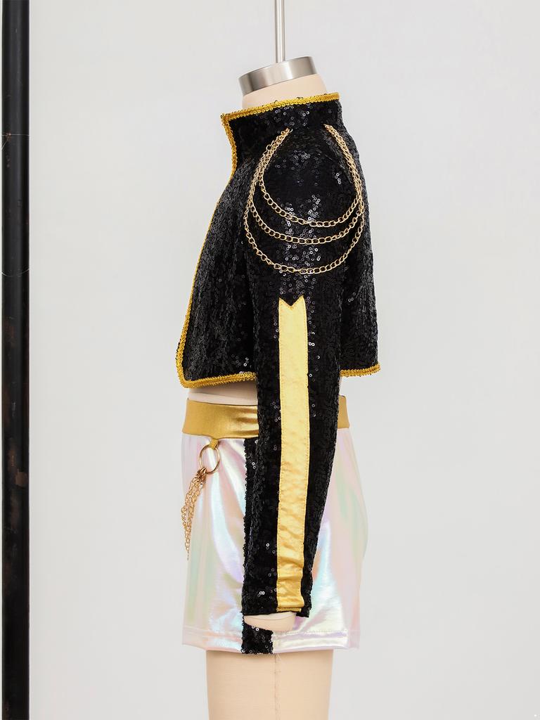 Детские Девочки 3шт Хэллоуин Музыкальный Фестиваль Наряды Певицы С Длинным Рукавом Блестки Верхняя Одежда с Топом и Шортами