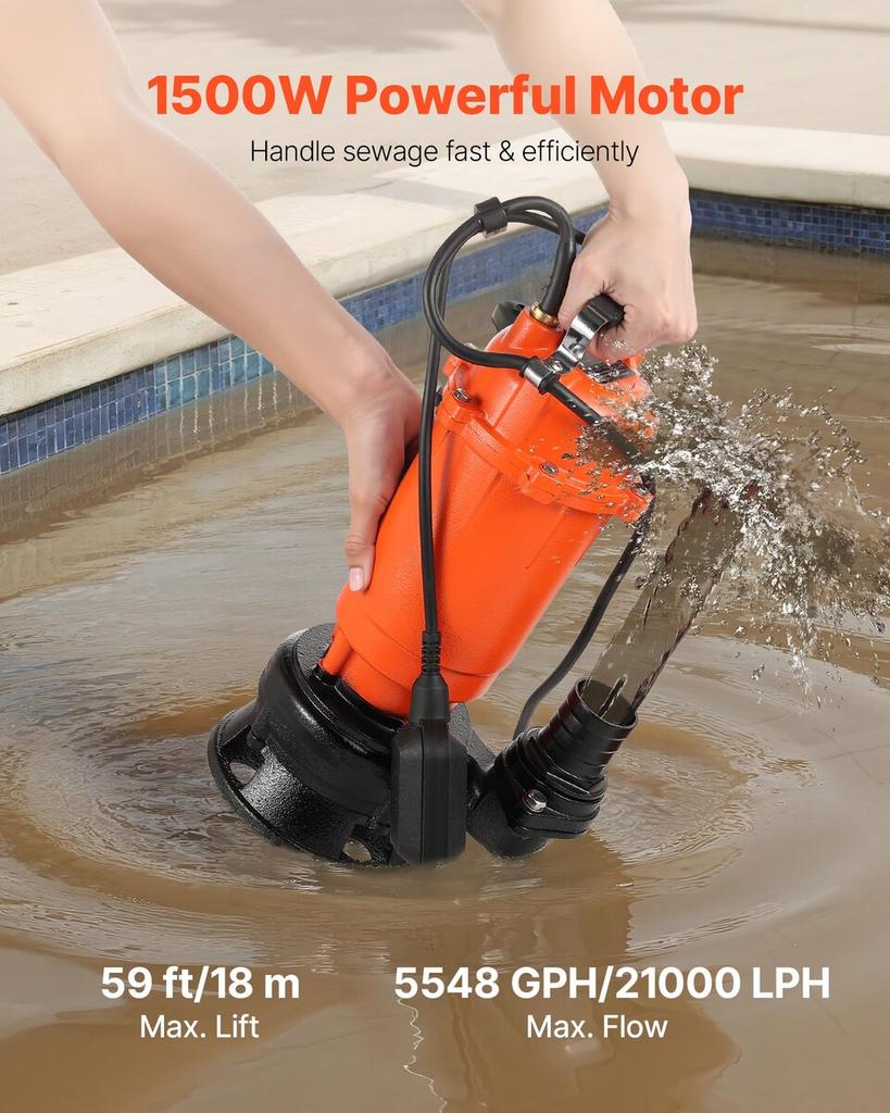 1500W Submersible Trash Pump, 21000 L/H, Cast Iron Submersible Sump Sewage Pump with Automatic Float Switch, 18M Max Lift, Draining Dirty Clean Water,
