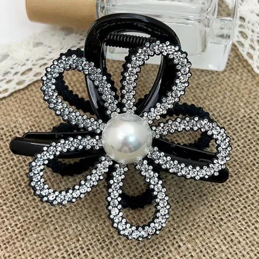 Zircon Flower Pearls Shark Clip Korean Style Shiny Hair Claw Rhinestone Shark Clip Daily