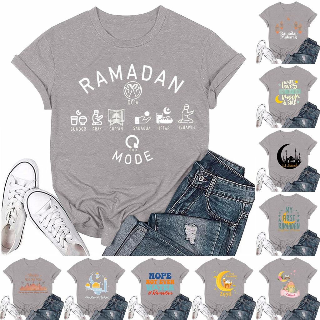 Women's Casual Loose Printed T-shirt Round Neck Pullover Short Sleeved Top