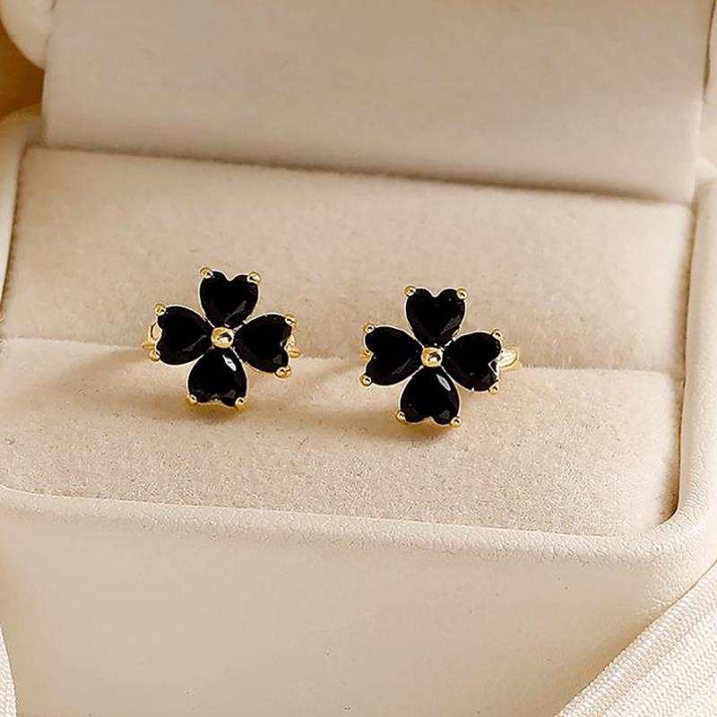 Черные мини-серьги-гвоздики с четырьмя листочками, женские украшения, аксессуар для вечеринки
