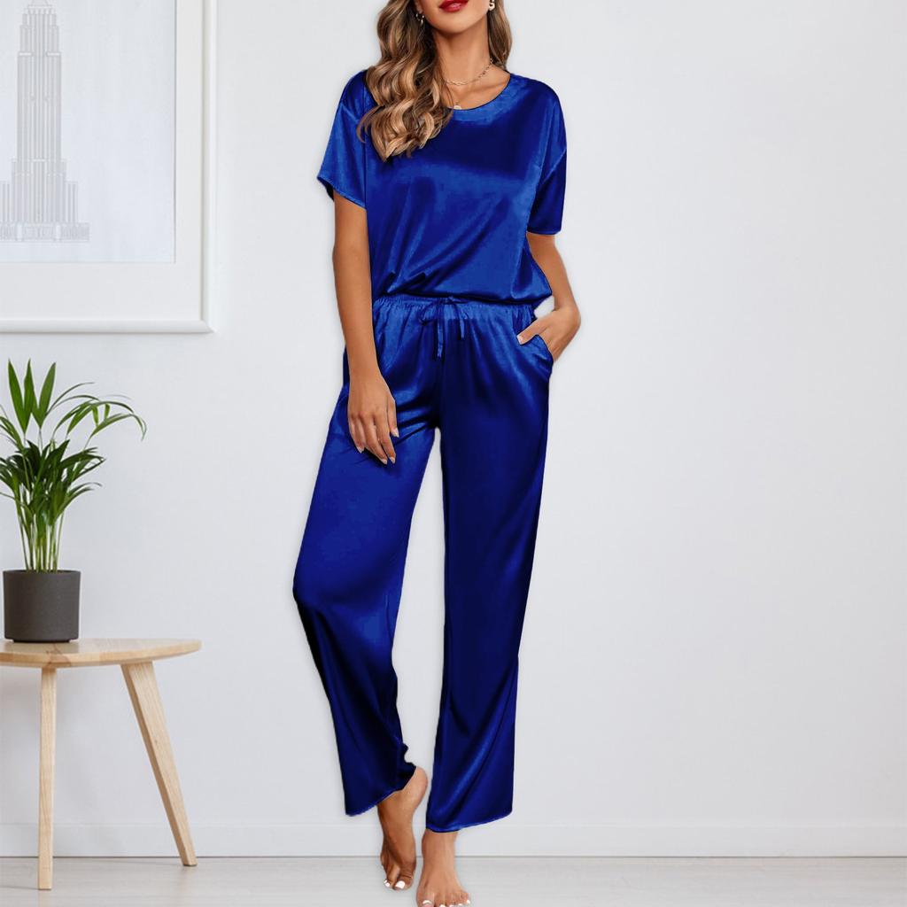 Женский шелковый однотонный пижамный комплект, рубашка с коротким рукавом и длинные пижамные штаны, мягкая пижама, домашняя одежда
