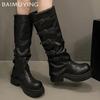 Platform Women High Boots Designer Leather Mid Heels Shoes 2025 Trend Knee High Chunky Classic Winter Motorcycle Botas De Mujer