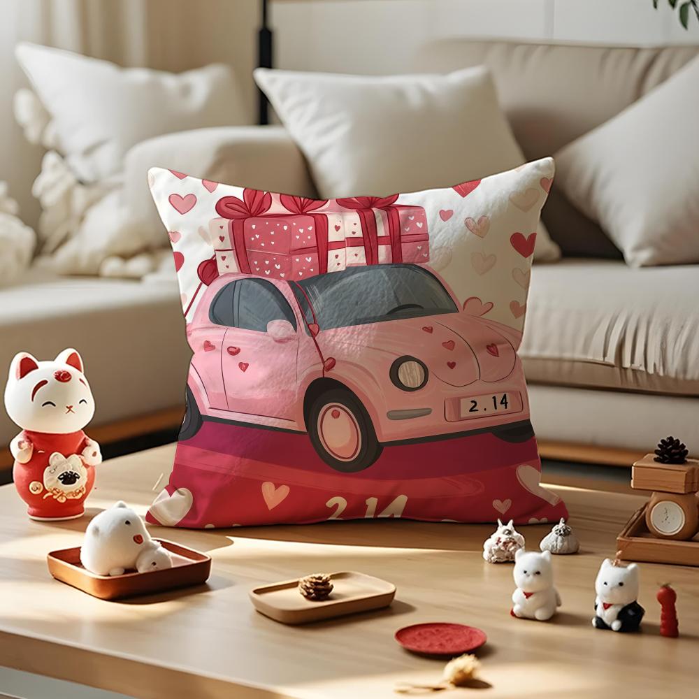 Valentines Day Cartoon Car Cushion Cover Silky Short Plush with Invisible Zipper Dustproof Sofa Pillow Case for Home Decor