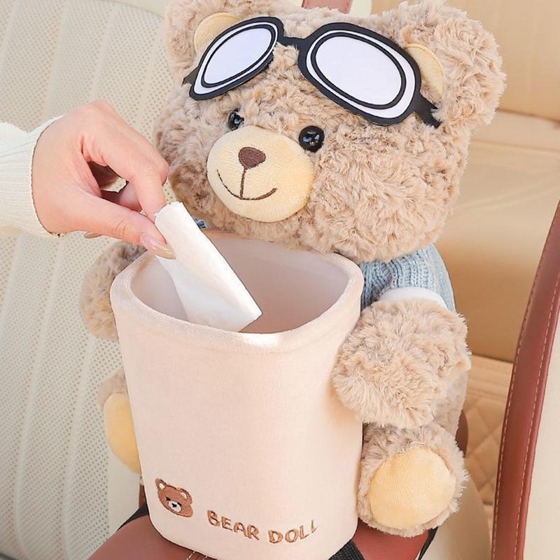 Car Tissue Box Holder Vehicle Plush Trash Can 2-in-1 Waterproof Plush Cartoon Bear Tissue Holder And Trash Can For Car Workplace