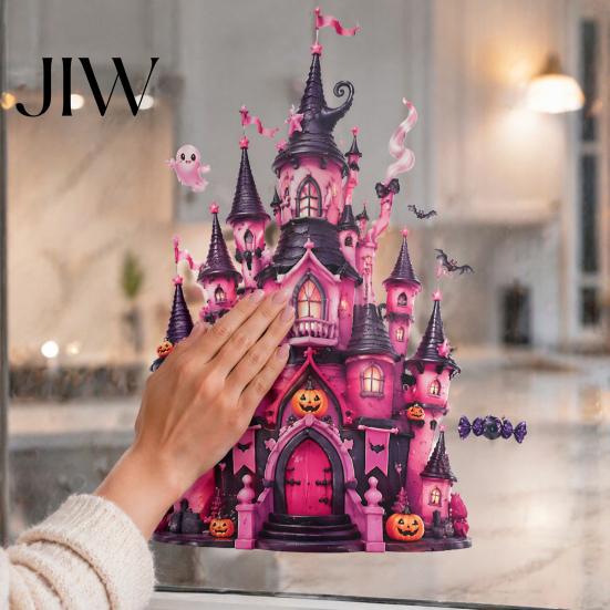 Girlish Halloween Window Decor 9 Pcs Pink Static Clings, Cute Skull Witch Castle Bat Pumpkin Reusable Glass Stickers for Decals, No-Adhesive Removable
