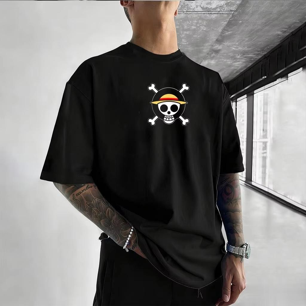 Bandai One Piece Принт Луффи Короткий рукав Свободный Мужские и Женские Летние Для поездок на работу Дышащая Спортивная Хлопковая Футболка 2026