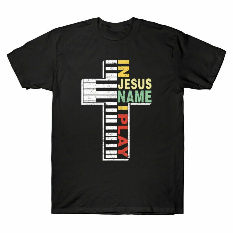 In Jesus Name I Play Piano Christians Vintage T-Shirt Men's Retro Black Navy Tee