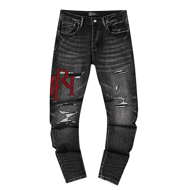 Fashion American High Street Hole & Patch Trendy Retro Straight Ami Denim Pants