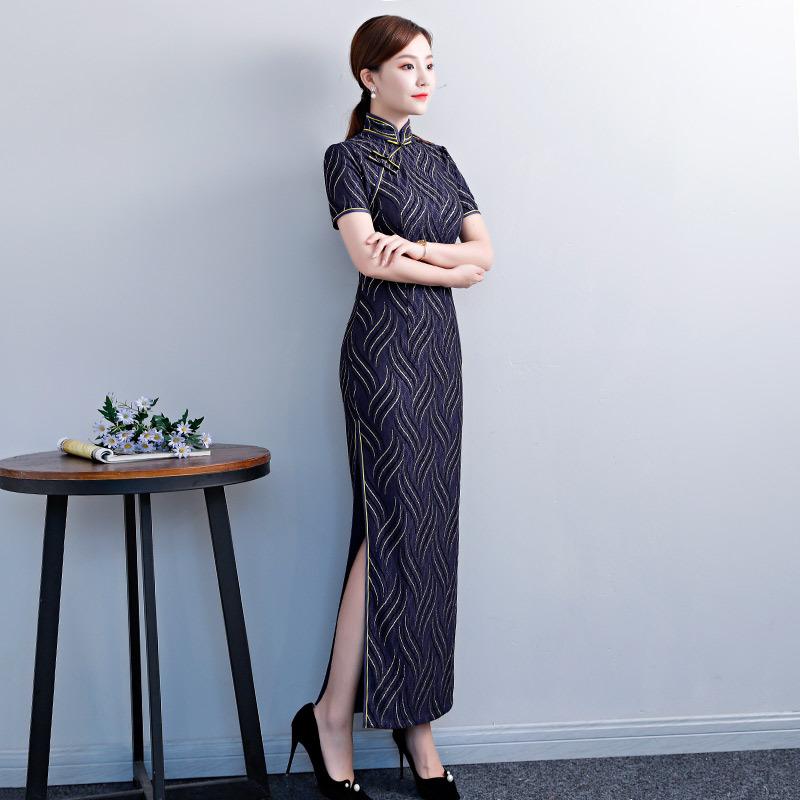 Striped national style Chinese long improved cheongsam new young women's retro slim short-sleeved temperament catwalk