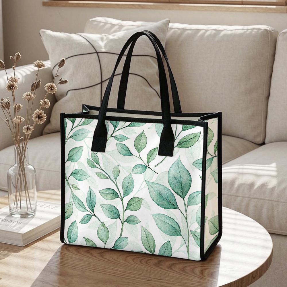 Watercolor Green Leaves Tote Bag Large Capacity Daily Portable Fashion Casual Shopping Shoulder Handbag for Women