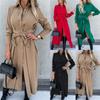 Long Skirt Solid Color Cardigan Long Sleeve Dress V-Neck Shirt Slim Dress For Women