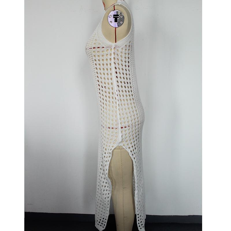 Женское праздничное сексуальное однотонное платье с круглым вырезом без рукавов, дышащее вязаное длинное платье с высоким разрезом, пляжные солнцезащитные накидки