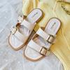 Fashion Women Buckle Slippers New 2024 Comfortable Flat Slippers Comfort Sandals Casual Beach Shoes Double Belt Adjustable Flat Slippers