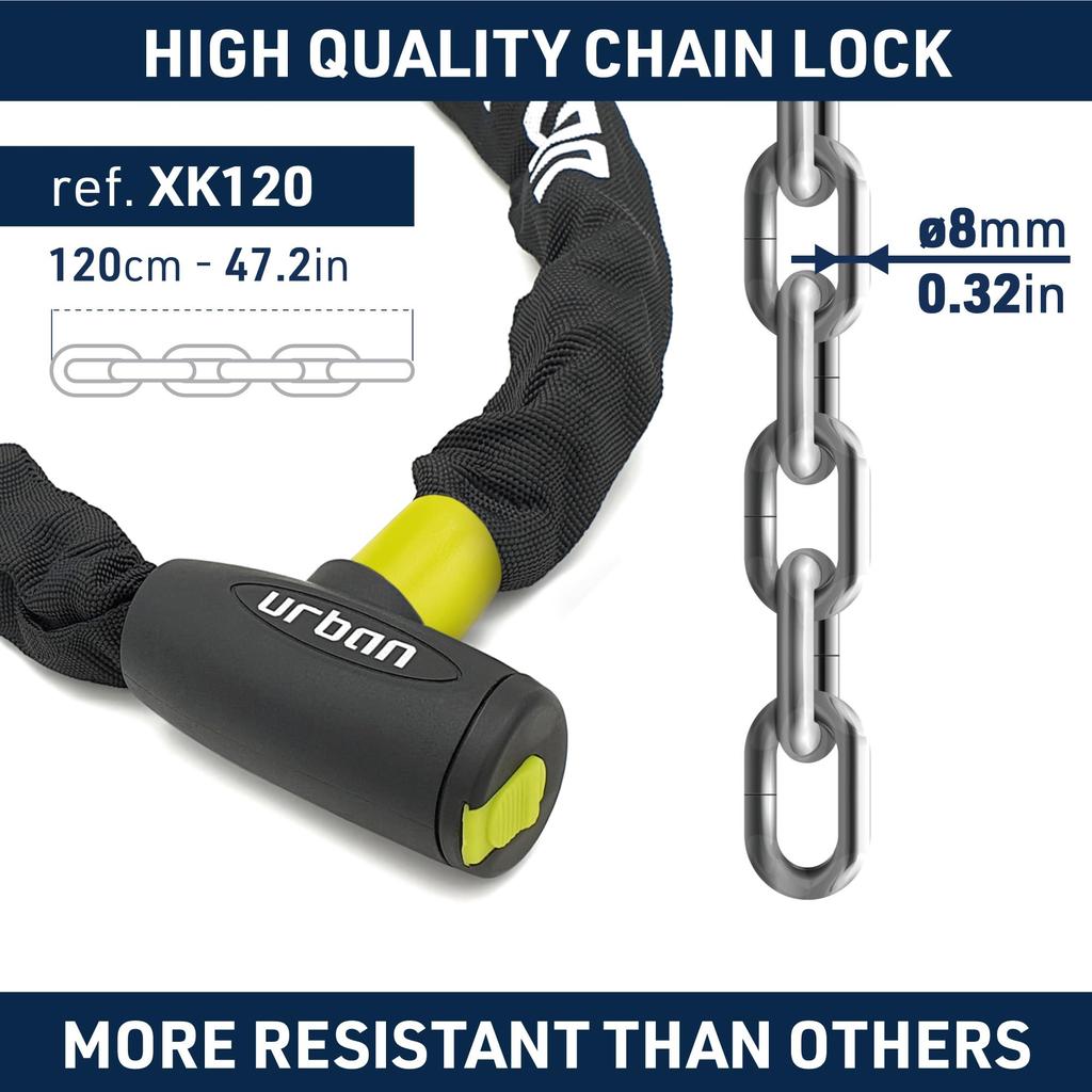 URBAN XK120 Chain Motorcycle Lock Bicycle Safety Steel Motorcycle Scooter Bike Length 120cm Link 8mm Thickness Durable and Lightweight Anti-Theft