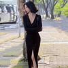 Autumn Long Sleeve Black Knitted Sexy Dress for Women Fashion V Neck Slim Fit Slit Elegant Casual Party Dresses Women Winter Vintage Lady Dress 25995