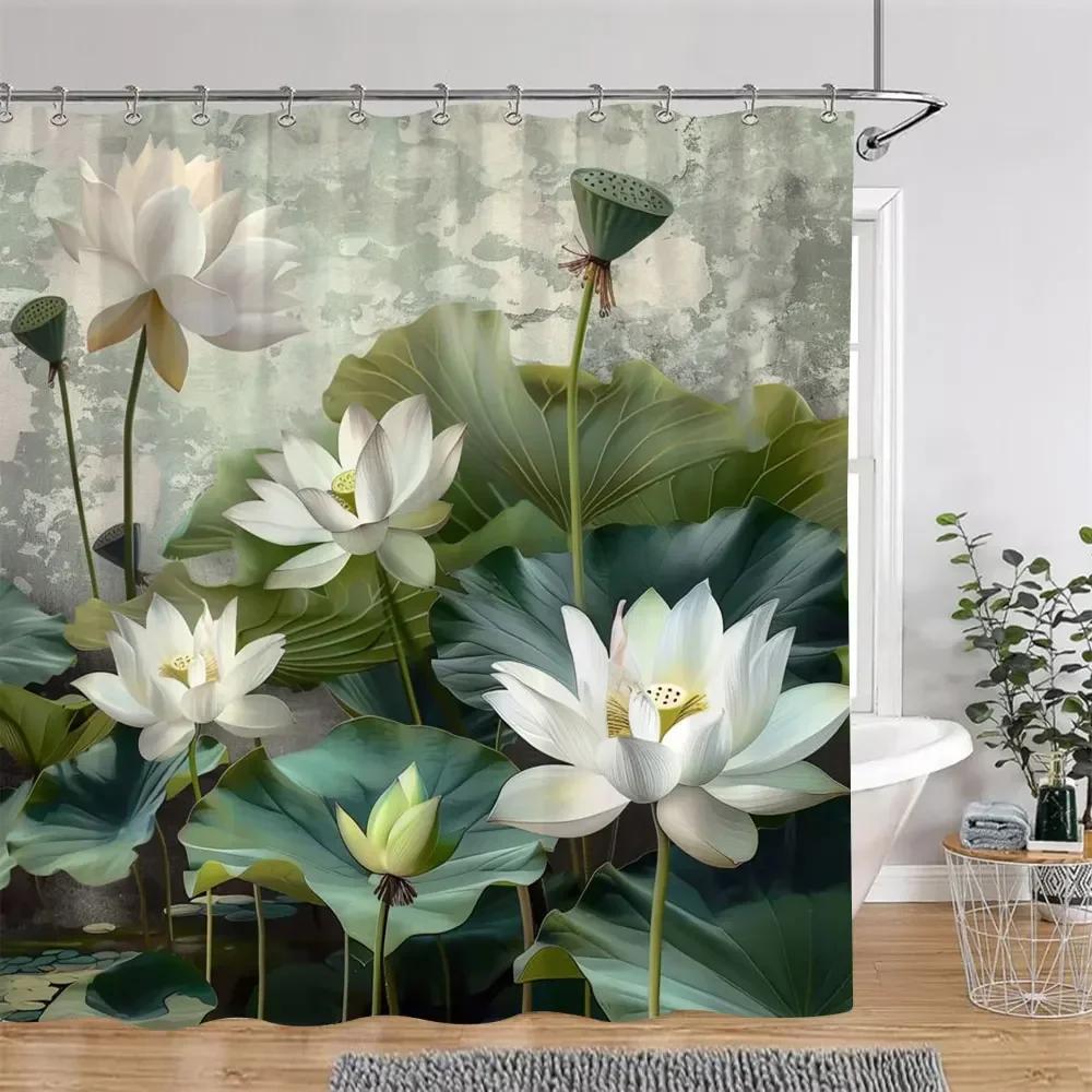 Elegant Lotus Pond Shower Curtain - Traditional Chinese Landscape Design for Modern Bathroom Décor, Waterproof & Easy Care