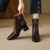 Модные женские осенне-зимние ботинки с квадратным носком и высоким каблуком, черные кожаные ботинки, женские ботинки на шнуровке ручной работы, женские ботильоны