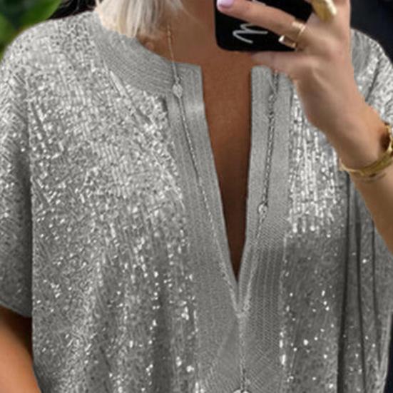 Футболка с блестками, свободная женская женская блузка с коротким рукавом большого размера для повседневной жизни