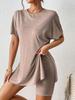 1116 Casual Solid Color Comfortable Slits Two-piece Set Bat Sleeve Crew Neck Slits T-Shirt and Shorts