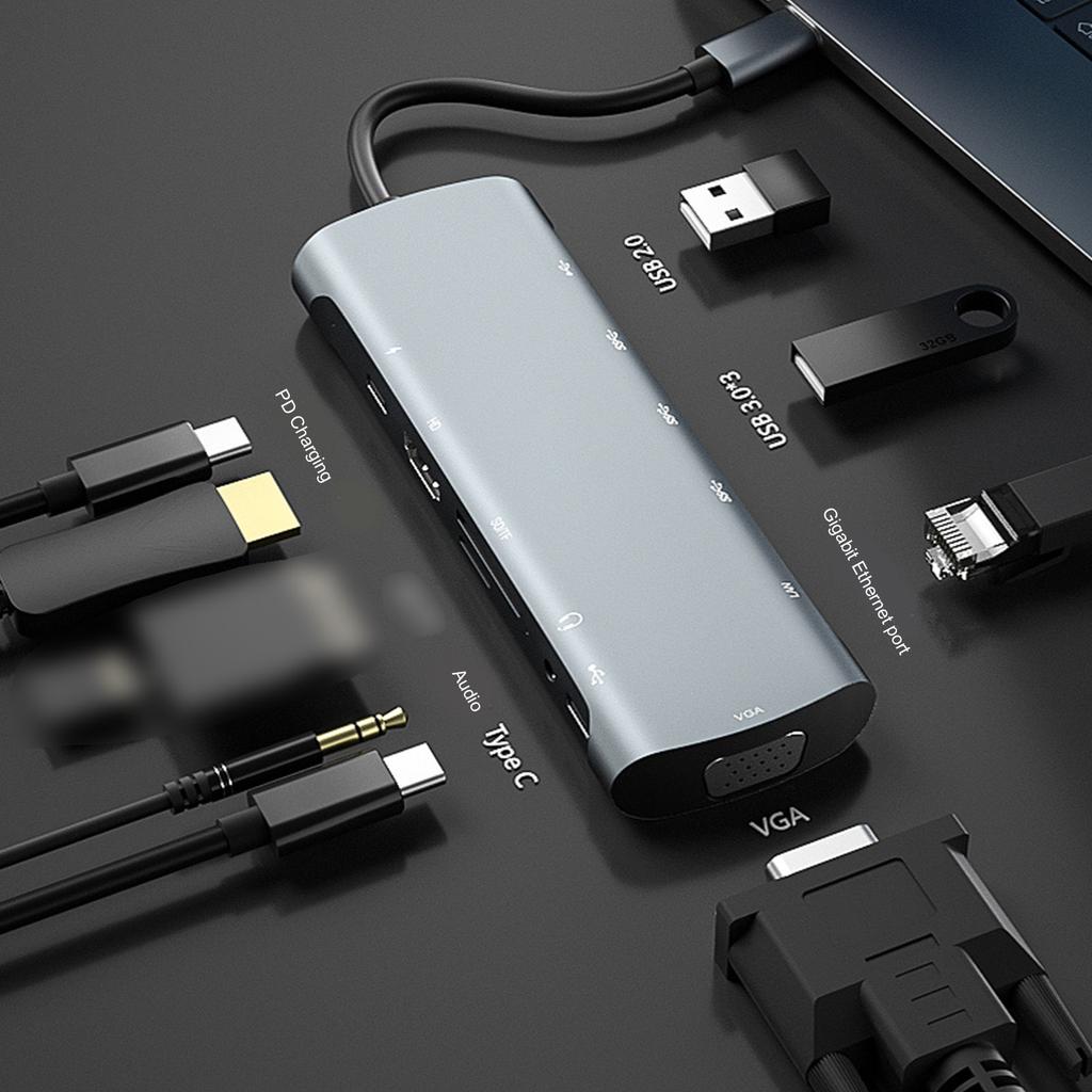 Док-станция-хаб 12-в-1 Type C к PD HD VGA USB3.0*3 USB2.0 RJ45 КАРДРИДЕР ДЛЯ КАРТ