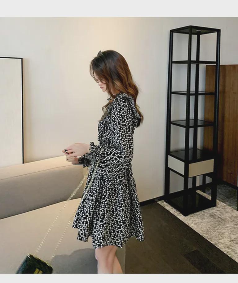 Женское чайное платье в стиле ретро с французским цветочным принтом 2024 года: Весна/Осень, узкая талия, длинный рукав