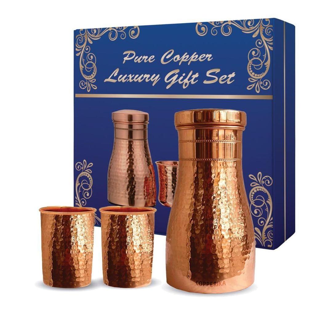 Набор для спальни: кованая медная бутылка для воды 1000 мл + медный стакан (Упаковка из 2-300 мл каждая) Оригинальная Тяжелая Сборка