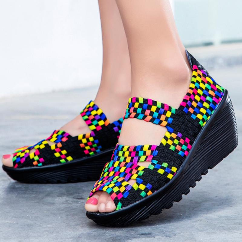 Women's Woven Sandals Summer Sloping Puffy Cake Thick Sole Cloth Fish Mouth Sports Sandals