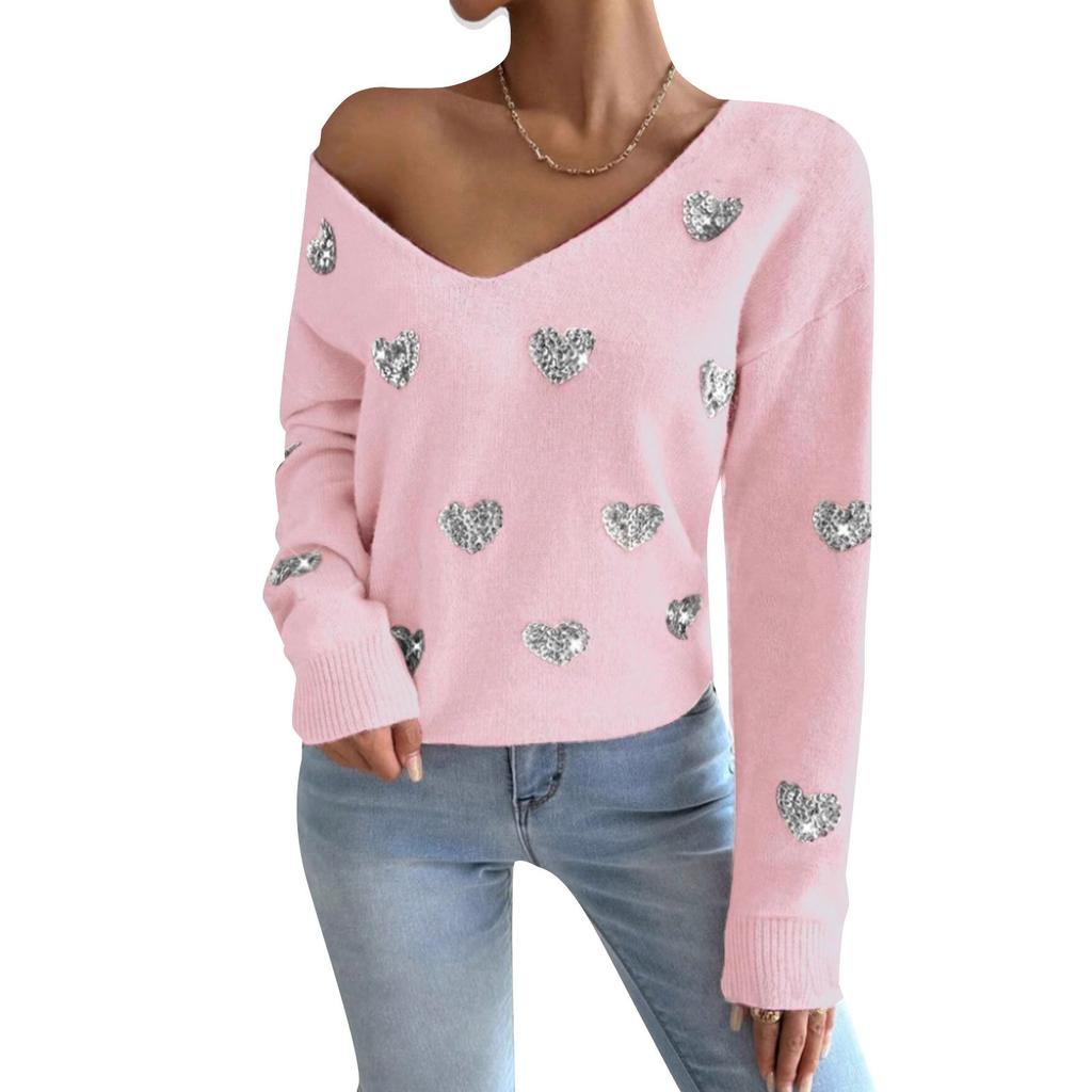 Women V Neck Long Sleeve Sequin Heart Print Knit Sweater Loose Fit Valentine Pullover Top