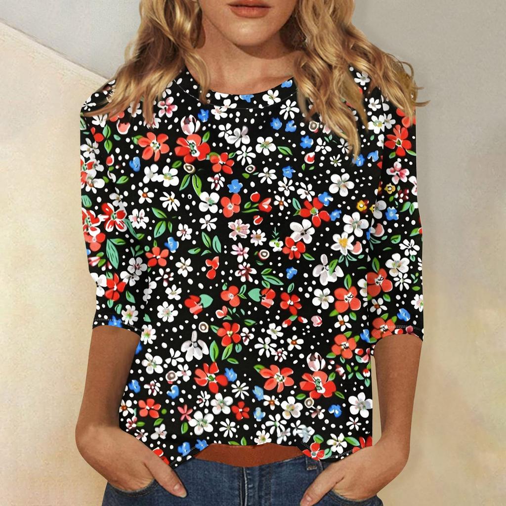Women's Fashion Casual Three-quarter Sleeve Vintage Floral Print Round Neck Top