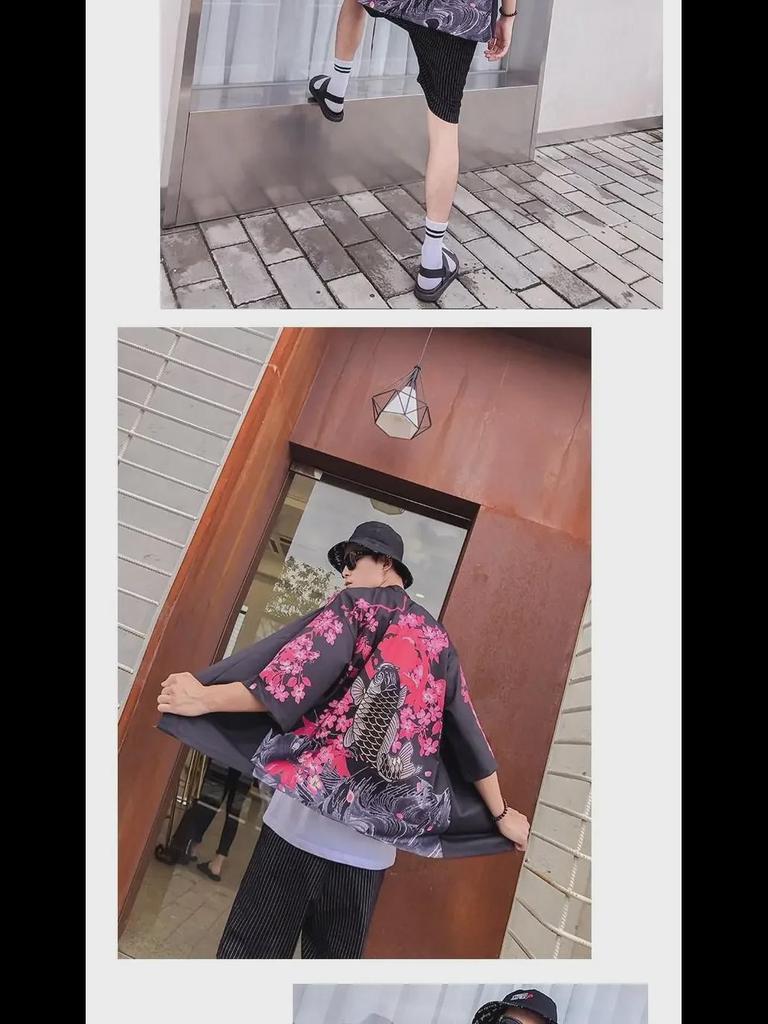 Кардиган-кимоно унисекс в стиле ретро укиеэ: Японско-китайский стиль, свободный крой, рукава 3/4