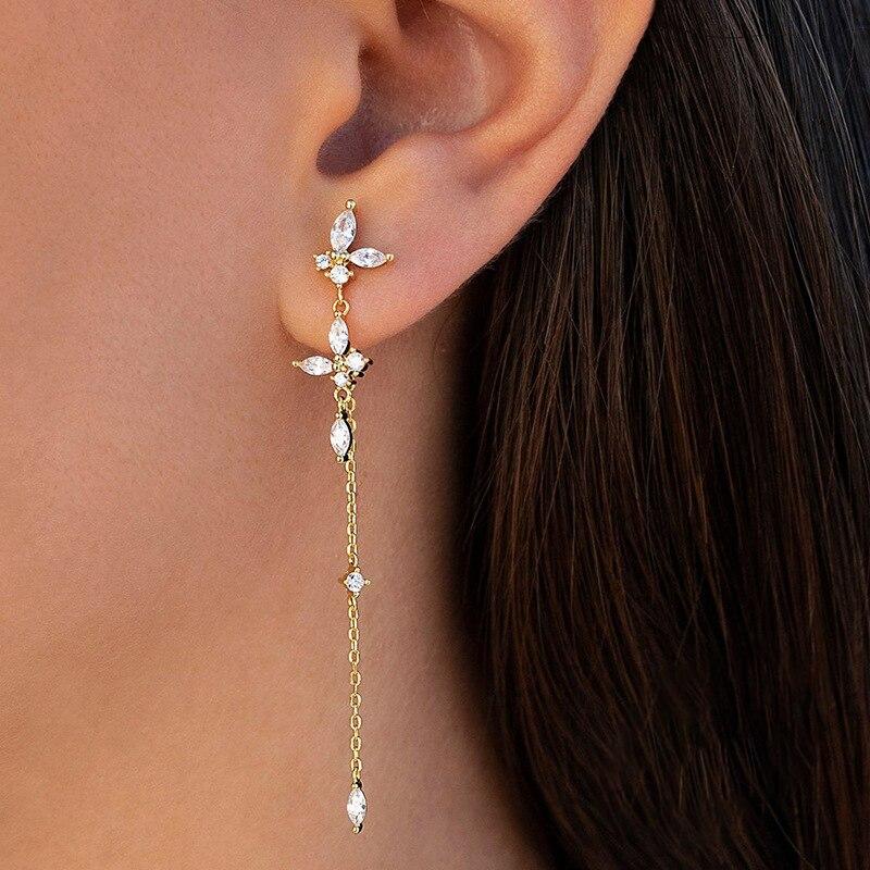 2 шт., висячие серьги на цепочке с кисточками из нержавеющей стали и цирконом для женщин, модные серьги золотого цвета с подвесками-бабочками, ювелирные изделия для пирсинга