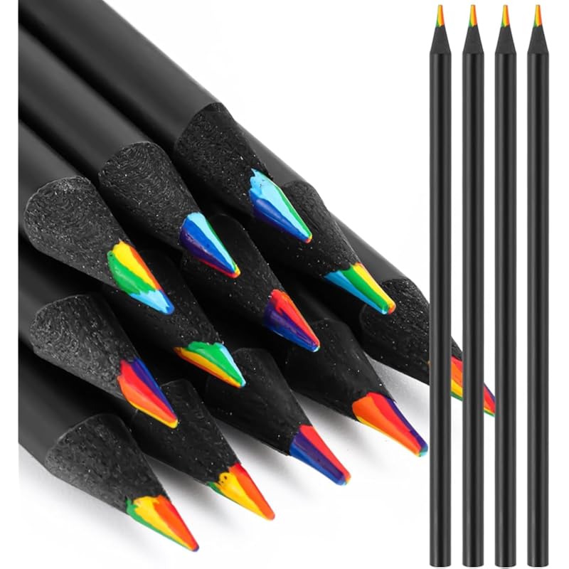 Accuprints 4 Pcs Colors Rainbow Pencils For Kids Adults, Rainbow Colored Pencil Art Supplies For Girls Boys, Black Woode