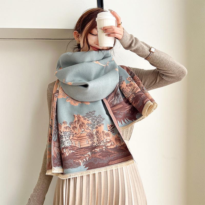 New Winter Imitation Cashmere Scarf for Women Literary Light and Luxurious Style Jiangnan Jacquard Scarf Plus Velvet Warm Shawl