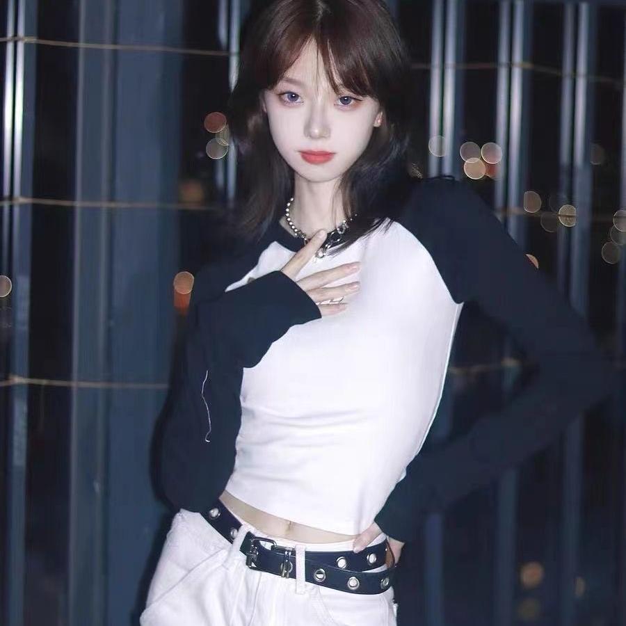 Укороченный топ в стиле гранж в стиле пэчворк, винтажная ребристая футболка с длинными рукавами, корейская модная сексуальная тонкая футболка, уличная одежда 90-х годов, японская