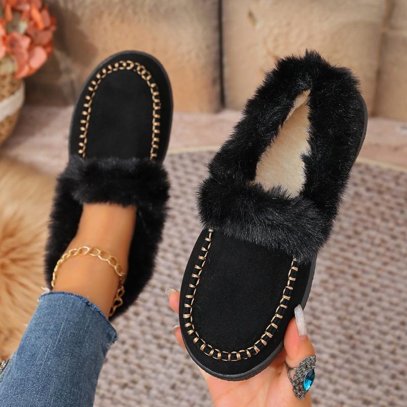 Women's Retro Fuzzy Round-Toe Cotton Shoes - Fleece-Lined, Thickly Padded, Flat Sole. Stylish, Versatile & Cozy Winter Footwear, Ideal for Wholesale