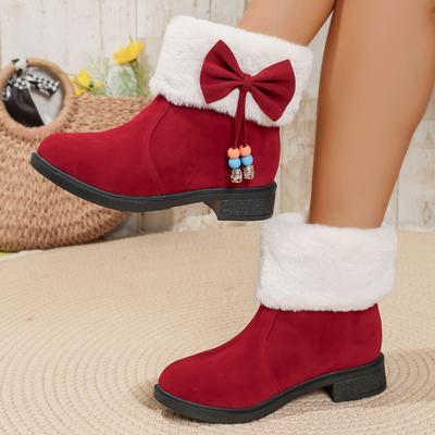 Мода Зима 2025 Бант Плюс Пушистые Волосы Рот Снежные Сапоги Женские Сапоги до Середины Икры Хлопковая Обувь