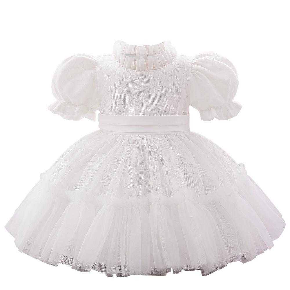 Новое европейское и американское детское платье принцессы: Юбка-сетка для ребенка 1 год, пышный дизайн, крестильный костюм в полнолуние с шапочкой
