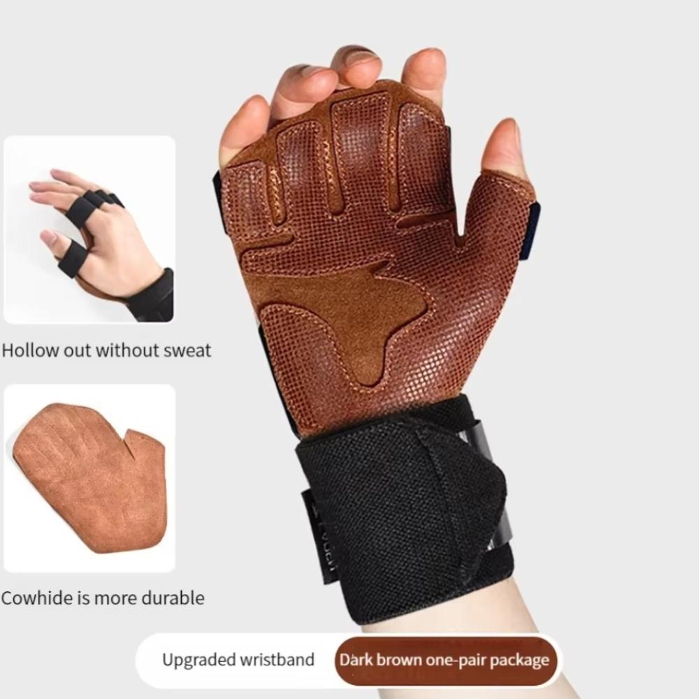 1 Pair Four-finger Ventilated Gym Wristband Cowhide Fitness Workout Gloves  Pull-ups