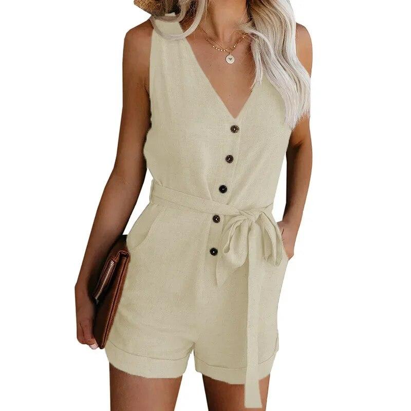 Solid Color One-piece Pants Women 2 Summer Casual V-neck Bow Women's Five-point Shorts